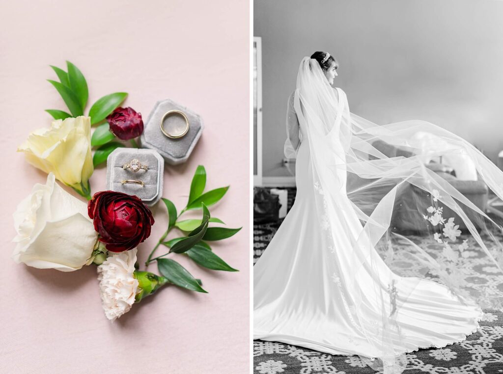 Rings set among blush and red roses and a black and white image of a bride with her embroidered veil 