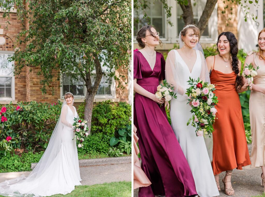 Fall themed bridesmaids gather around bride smiling and laughing 