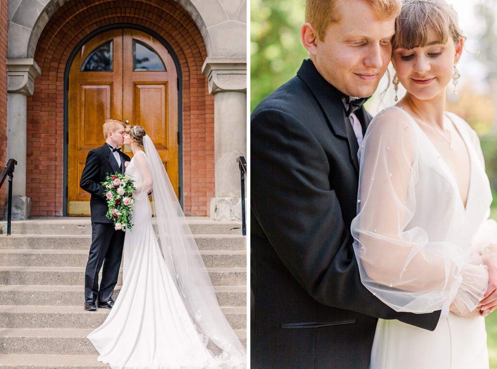 Bride & Groom share a kiss and embrace with the cathedral doors behind them of the Saint Thomas Church Coeur d'Alene