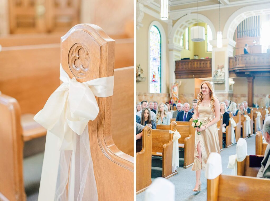 Bridesmaid walks down the aisle of the Coeur d'Alene Saint Thomas Catholic Church 