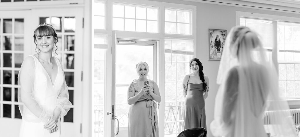 Black and white getting ready moments of Bride and her bridesmaids