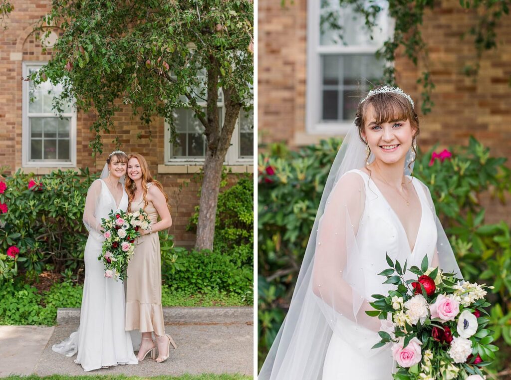 Bride holding a cascading bouquet of ranunculus, and roses in her classy straight wedding gown smiles at the camera on her wedding day 