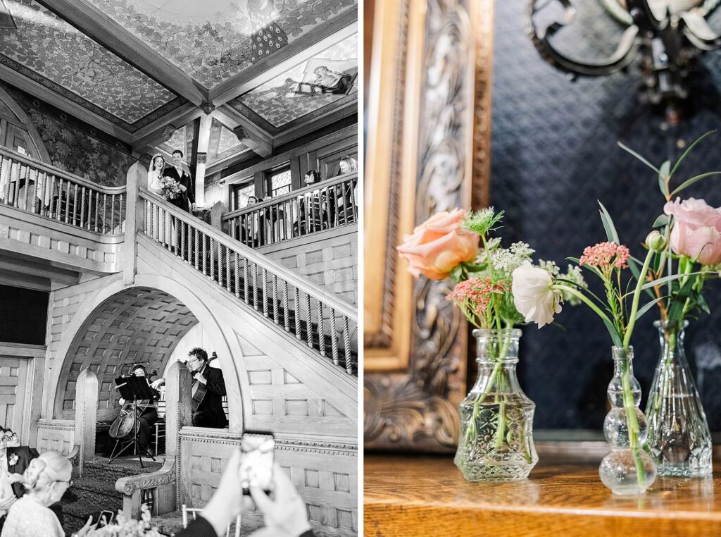 Bride & Groom walk down the elegant Glover Mansion staircase 