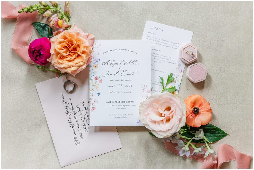 Wedding Flatlay Invitation suite for Spokane garden Wedding