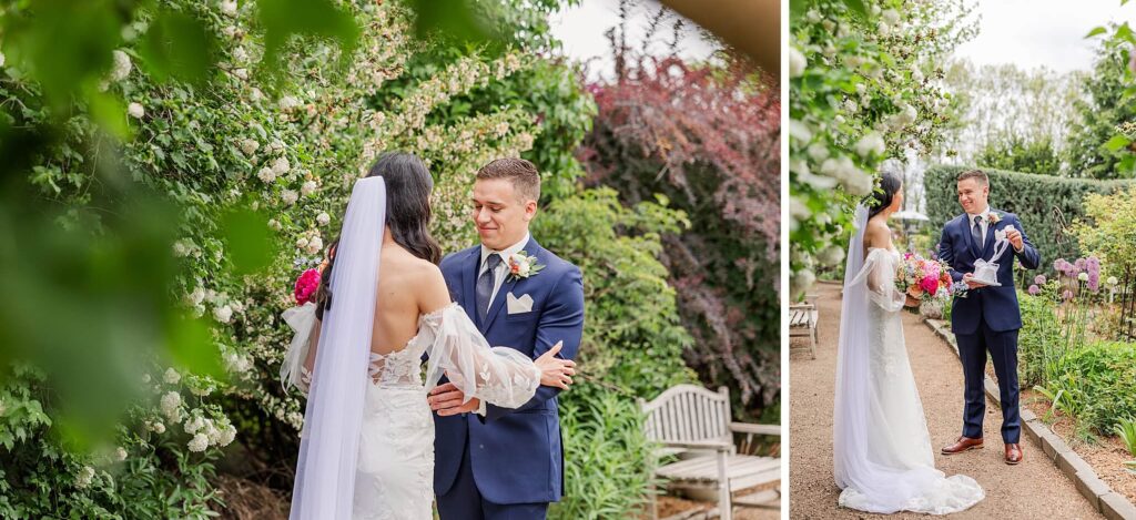 Rosarium Garden Wedding Venue First Look between bride & groom