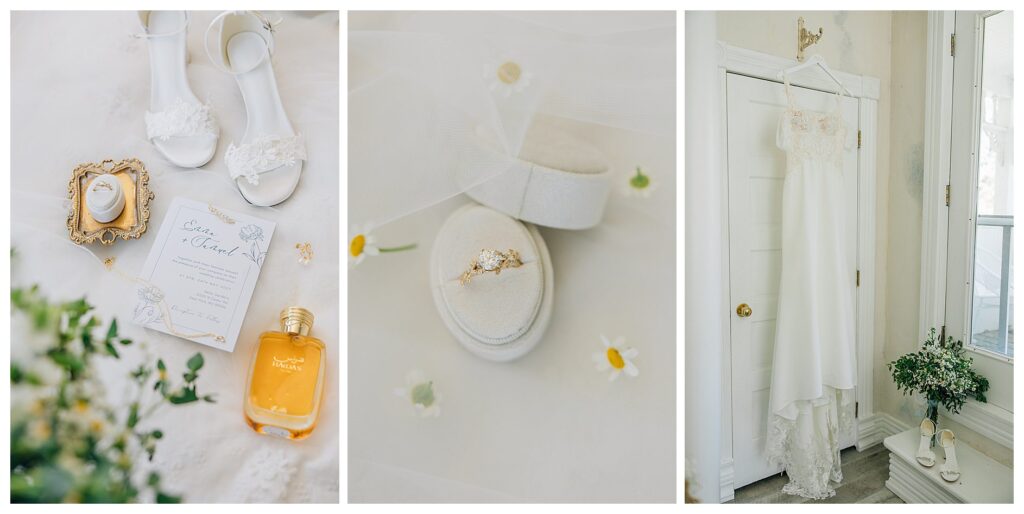 White and green wedding details with daisies for a summer wedding 
