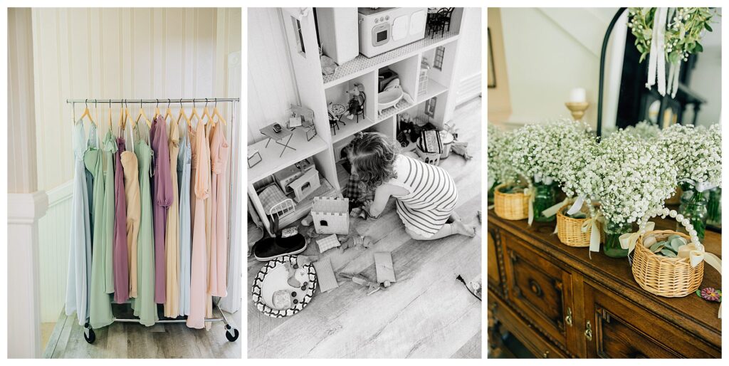 Bridesmaid dresses hanging up in colors of blush, sage, dusty blue, peach, and purple and other wedding getting ready moments