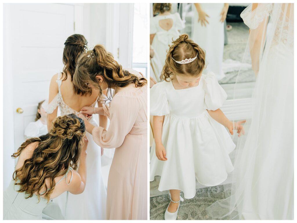 Bride with her sisters getting her into her wedding dress on er wedding day at Belle Gardens