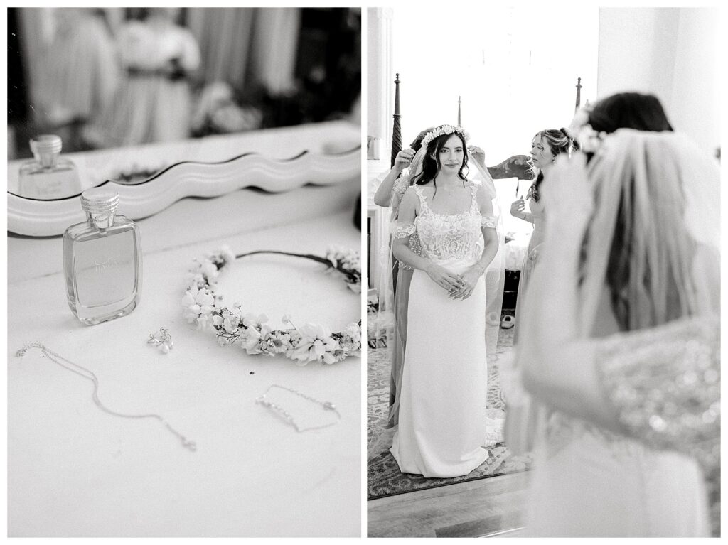 Black and white images of Brides wedding details and her mother putting on her wedding veil 