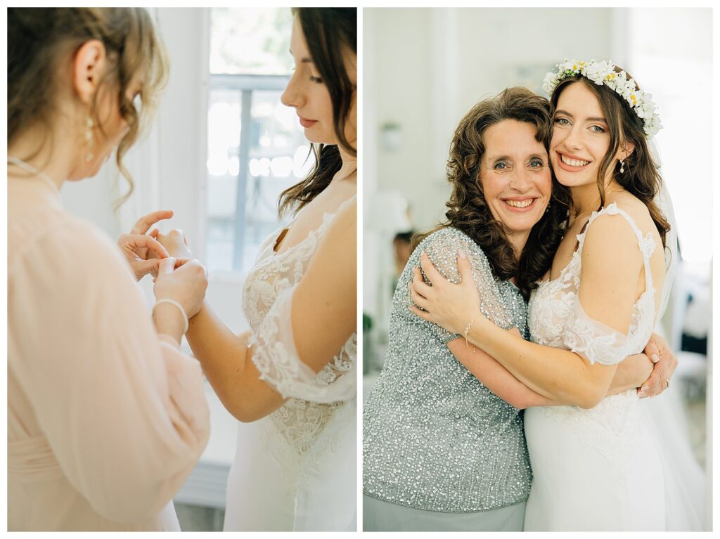 Bride hugging her mom before her wedding ceremony starts 