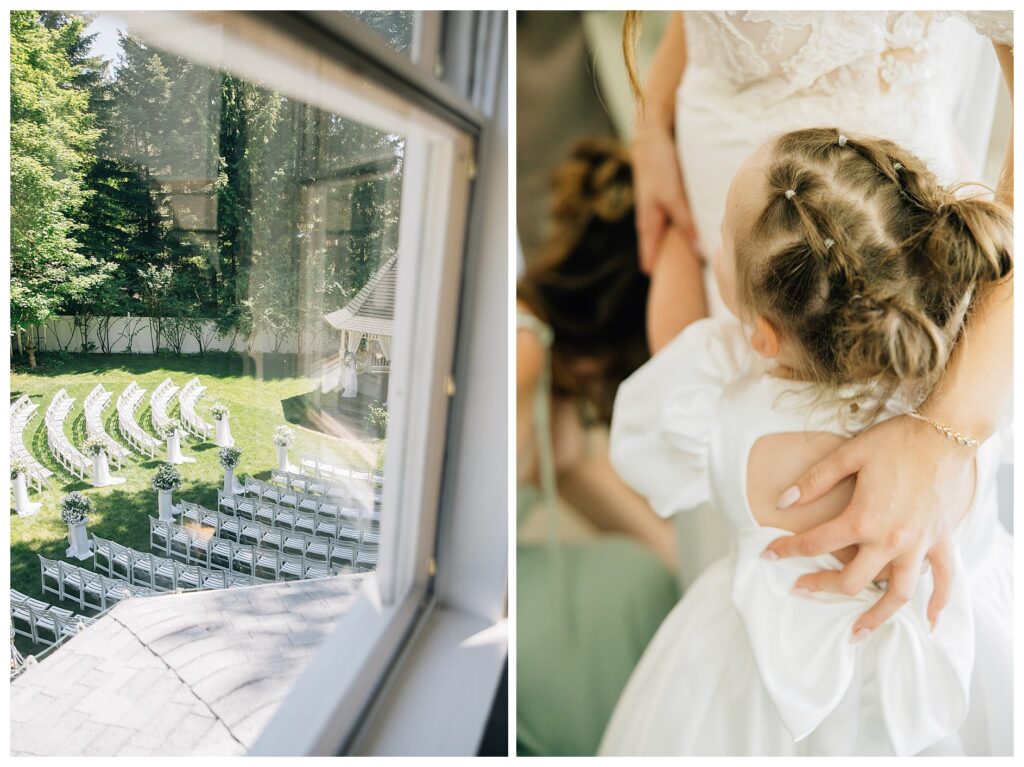 The view of the ceremony from the Bridal suite at the Belle Gardens Cottage style Wedding venue 