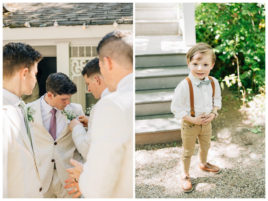 Groom and groomsmen pinning the boutonnières on before the wedding party photos