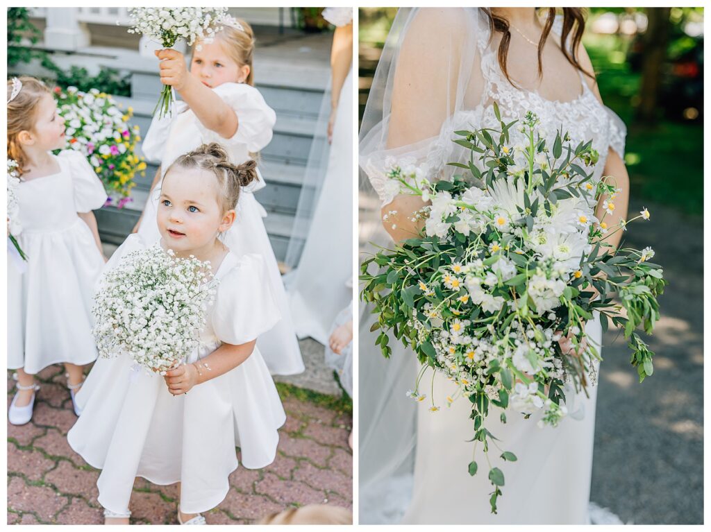 Bride holding her wedding bouquet of baby's breath and eucalyptus 