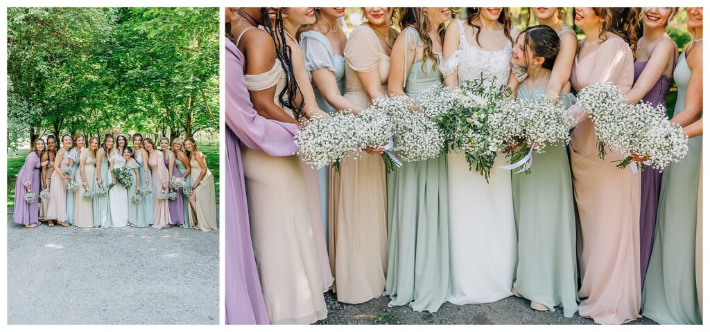 Pastel Spring colored wedding palette of bridesmaids holding bouquets of baby's breath 