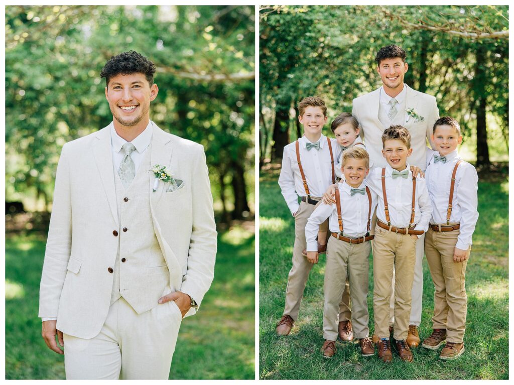 Groom in cream linen suit smiling with his five ring bearers in tan pants and suspenders and a green bowtie