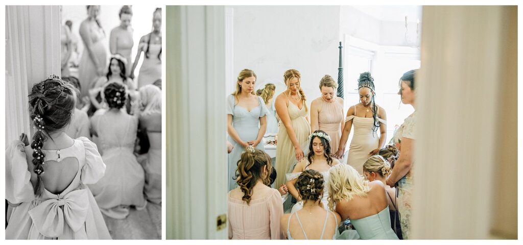 Bride and Bridesmaids praying together before the her christian wedding ceremony 