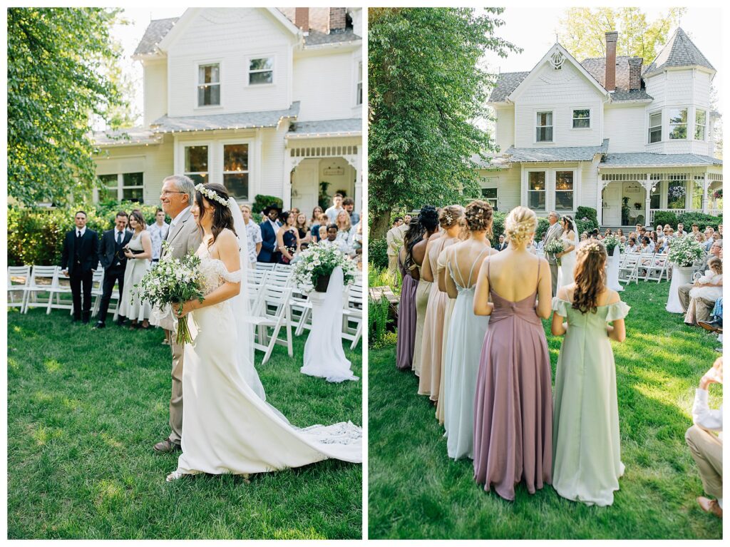 Bride and her dad smile at the front of the aisle with the view of the Belle gardens wedding cottage in the background 