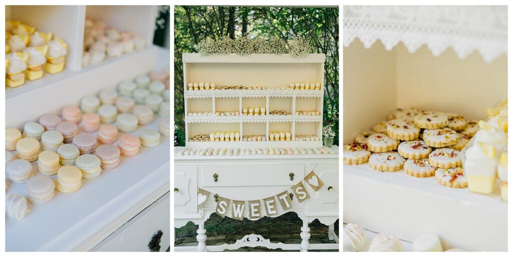 A wedding desert armoire filled with tea cakes and cookies with a burlap banner that says sweets 