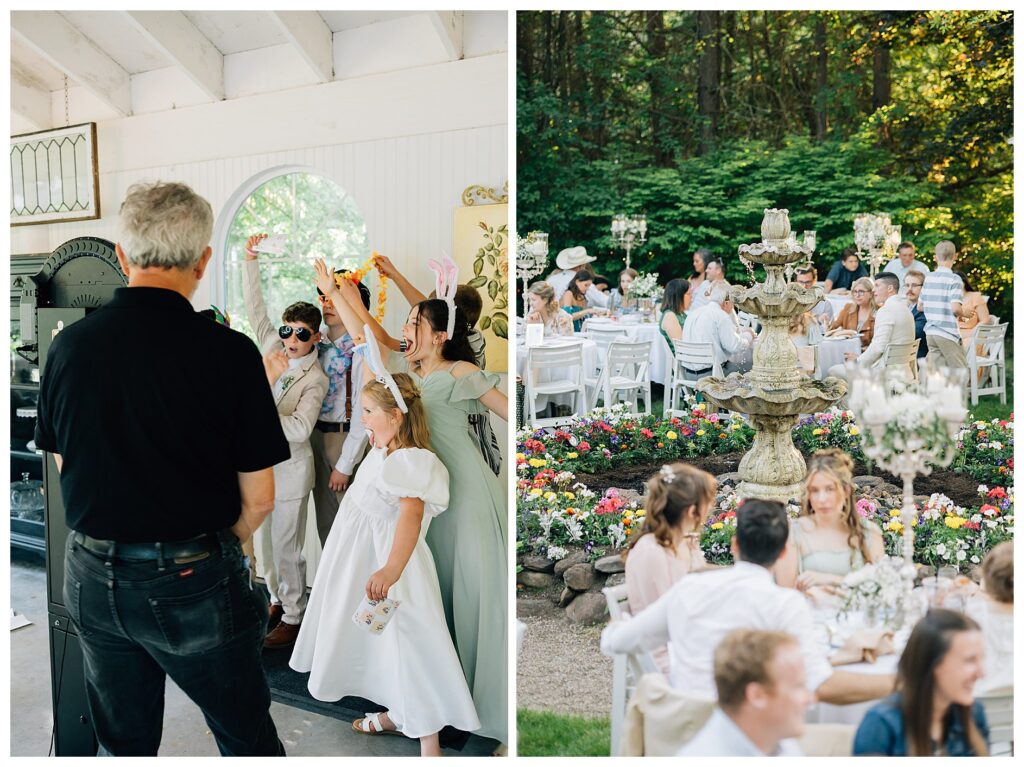 Guests pose for a picture and mingle in the Belle gardens reception space under tall sycamore trees in early summer 