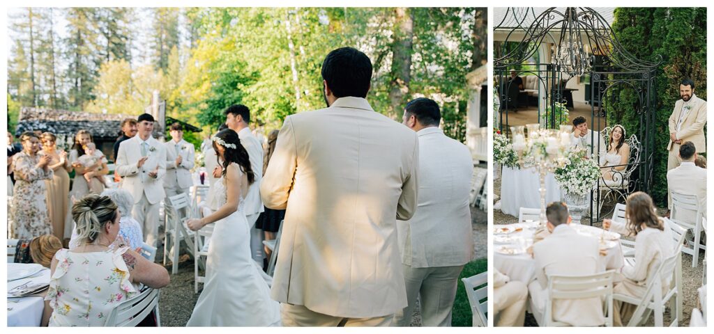 Bride and groom talking with guests during their Summer wedding 