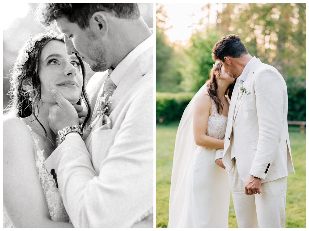 Bride and Groom loving share a kiss with the green and golden glow behind them during their couple portraits on their wedding day 