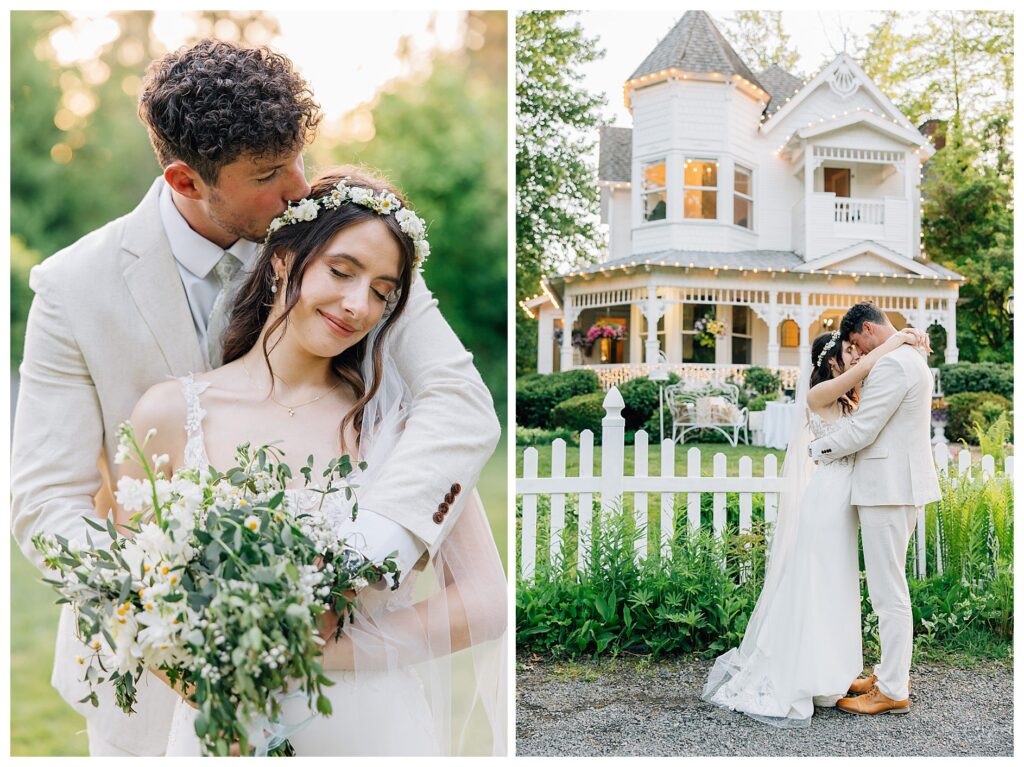 Bride and groom hug in front of the Belle gardens wedding cottage with twinkling lights in the summer evening glow