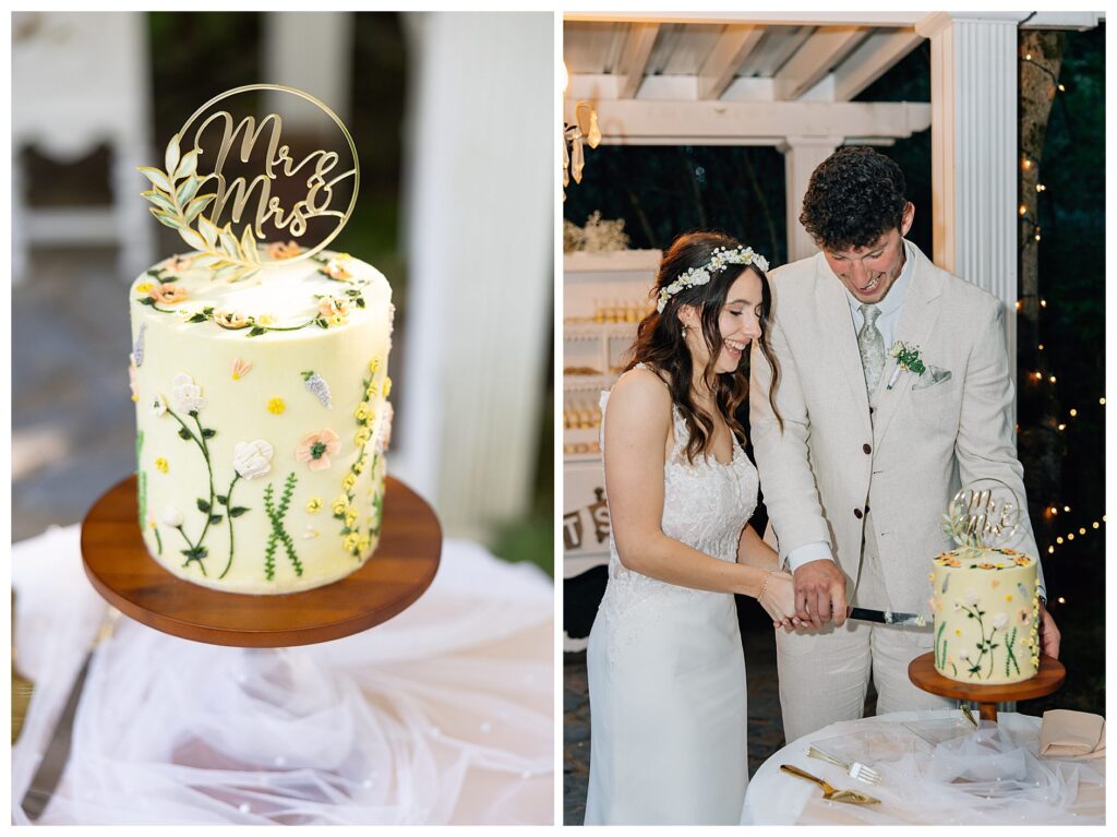 Bride and groom cut their wildflower decorated cake 