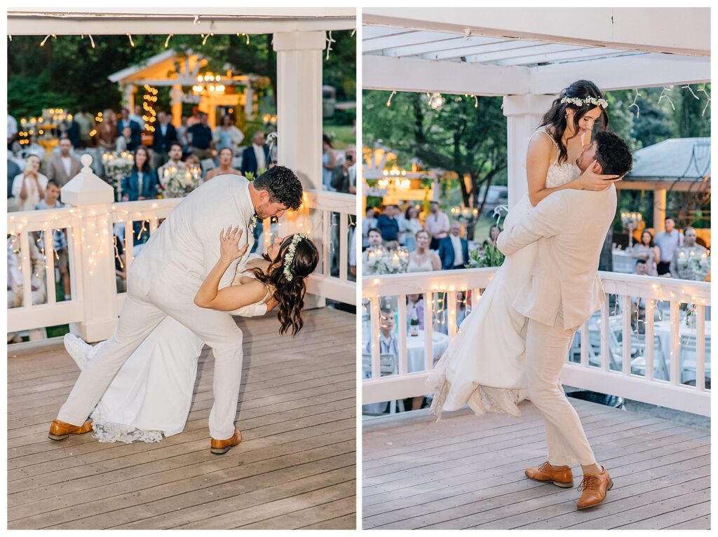 Bride and groom dip and dance during their wedding reception 