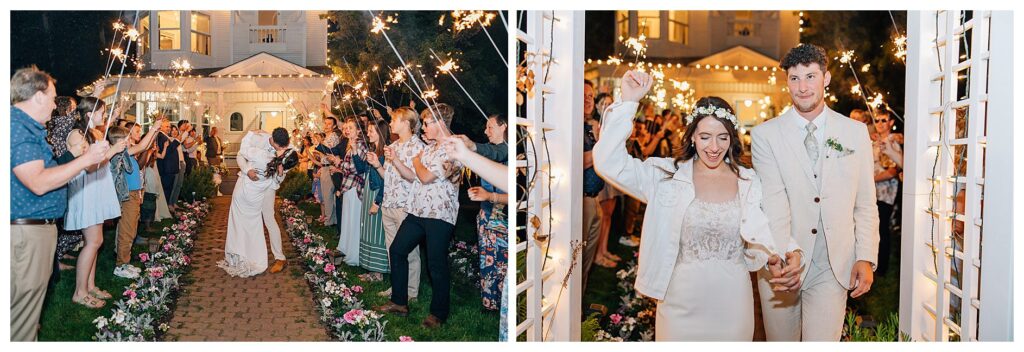 Bride and groom run through a sparkler tunnel with the Belle Gardens wedding venue in the background 