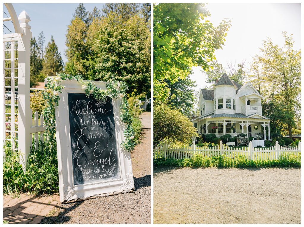 Summer Wedding day at the Belle Gardens wedding venue in North Spokane with a chalkboard welcome sign